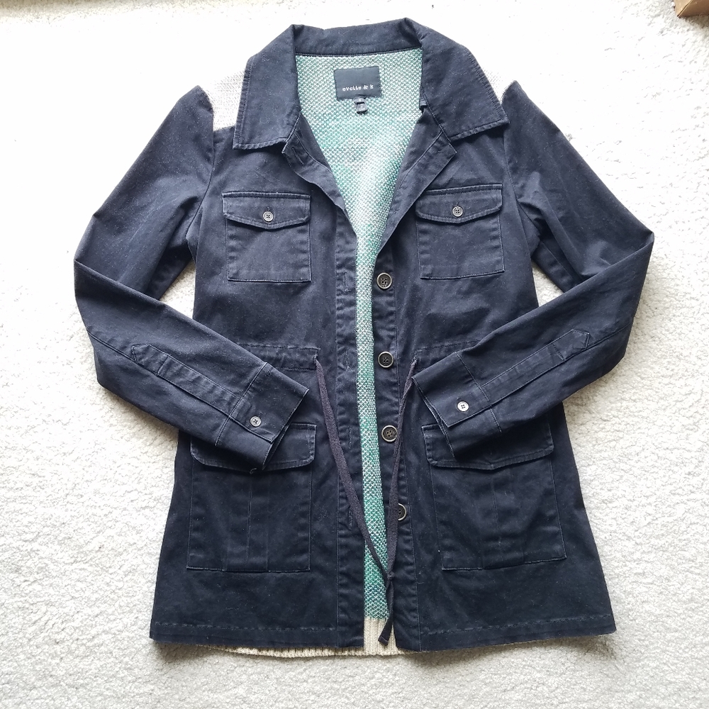 evette & k vintage inspired sweater black chambray button up military jacket sm - Picture 3 of 6